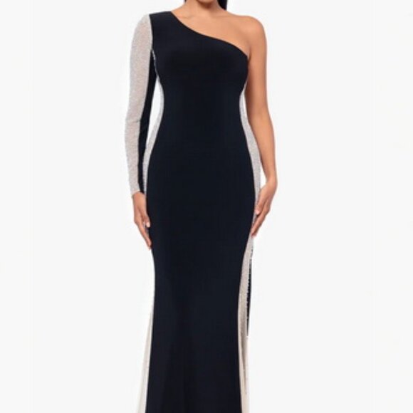 Xscape Black Nude Bead Detail Long Sleeve One Shoulder Gown - Picture 1 of 6